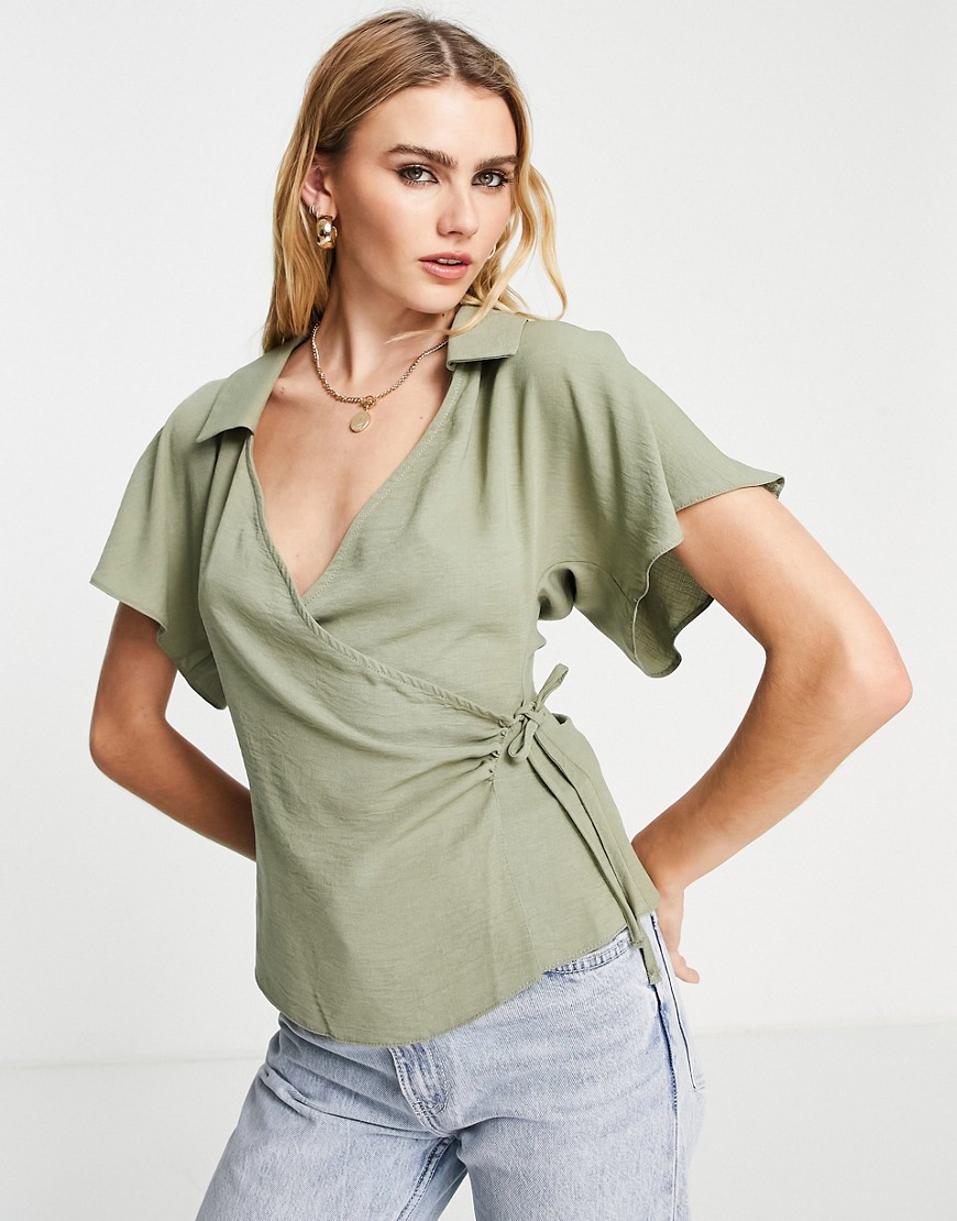 ASOS DESIGN collar wrap blouse in khaki-Green