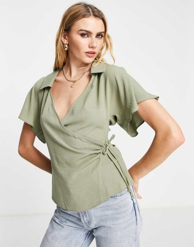 ASOS DESIGN collar wrap blouse in khaki