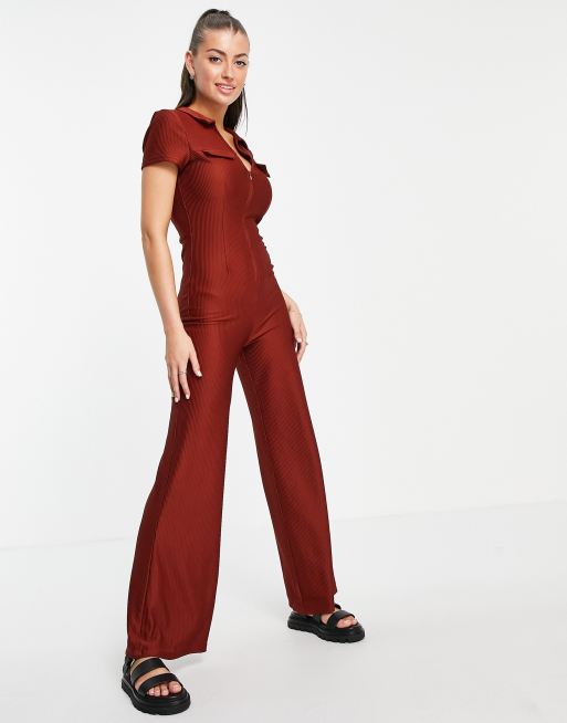 ASOS DESIGN collar zip front 70s jumpsuit in brown ASOS