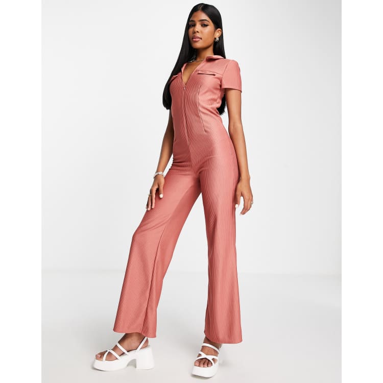 ASOS DESIGN collar zip front 70's jumpsuit in dusky rose | ASOS