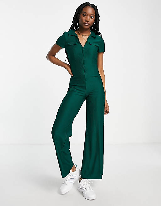 Women collar zip front 70s jumpsuit in green 