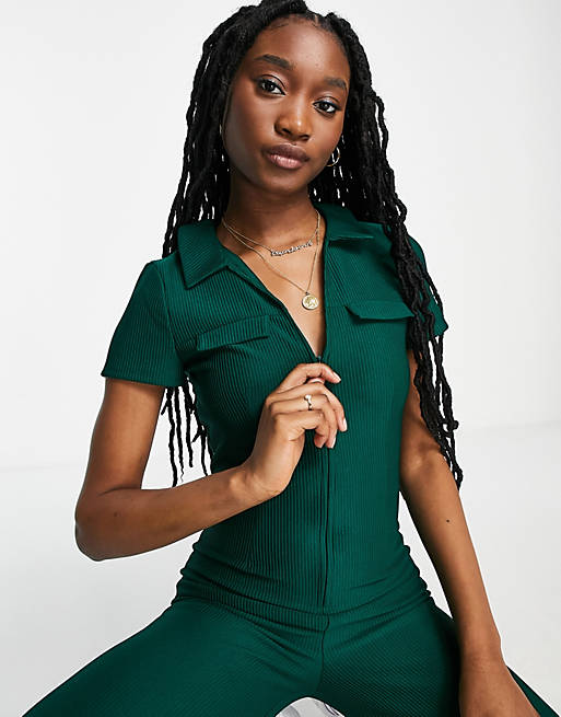 Women collar zip front 70s jumpsuit in green 