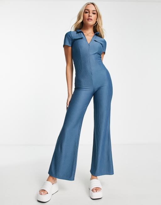 ASOS DESIGN metallic cupped kick flare jumpsuit in blue, ASOS