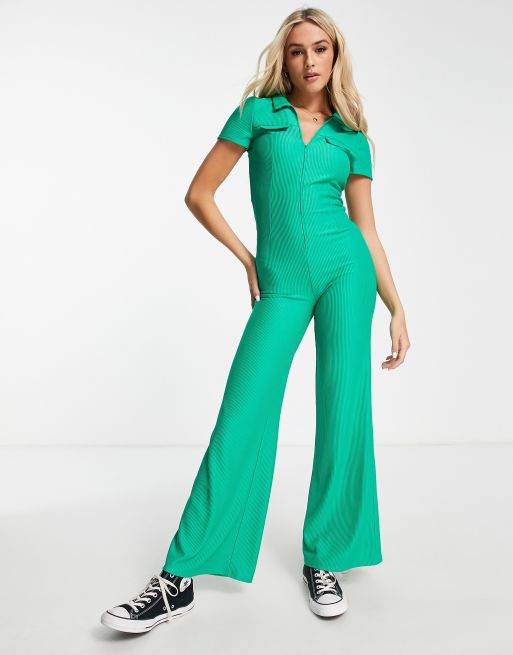 ASOS DESIGN collar zip front 70s rib jumpsuit in bright green