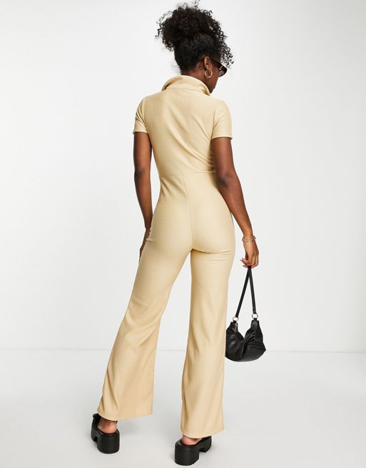 ASOS DESIGN ribbed strappy unitard jumpsuit in washed khaki