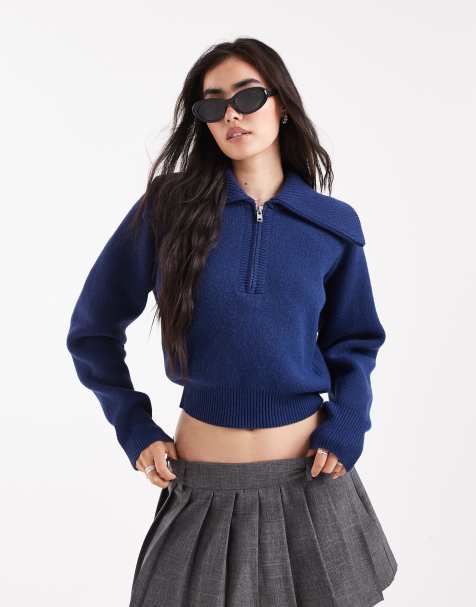 ASOS DESIGN collared 1/2 zip waisted cardigan in navy - view 1