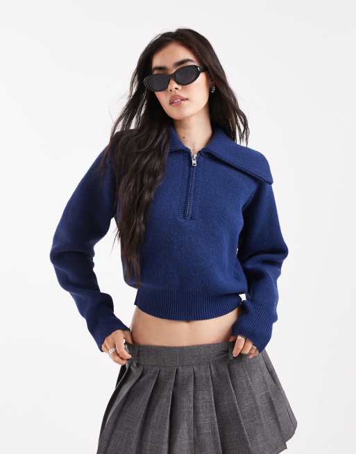 ASOS DESIGN collared 1/2 zip waisted cardigan in navy
