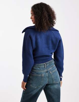 Asos Design Collared 1/2 Zip Waisted Cardigan In Blue
