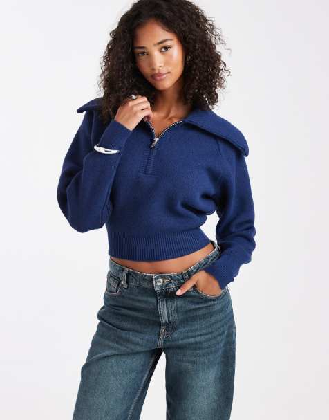 ASOS DESIGN collared 1/2 zip waisted jumper in navy - view 1