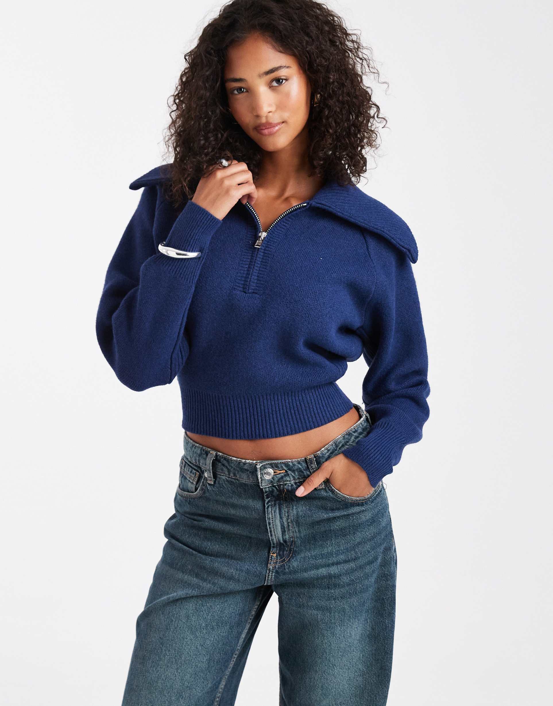 asos design collared 1/2 zip waisted sweater in navy