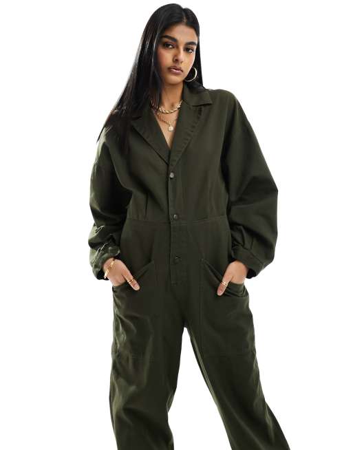 ASOS DESIGN collared boilersuit with button detail leg in khaki, 4 of 4