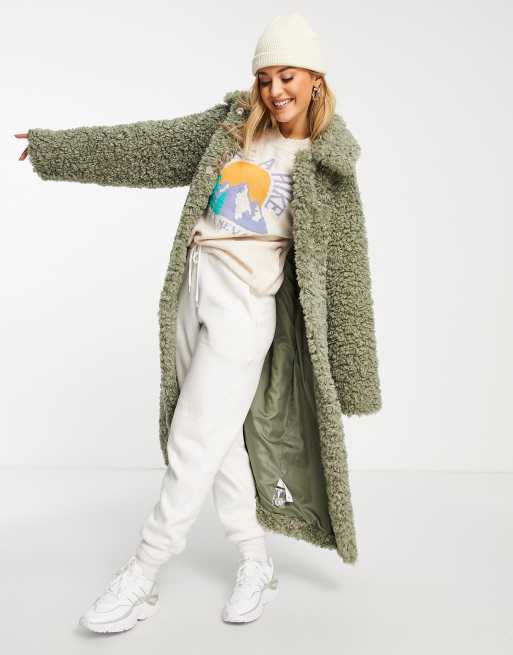 ASOS DESIGN collared borg coat with belt in sage