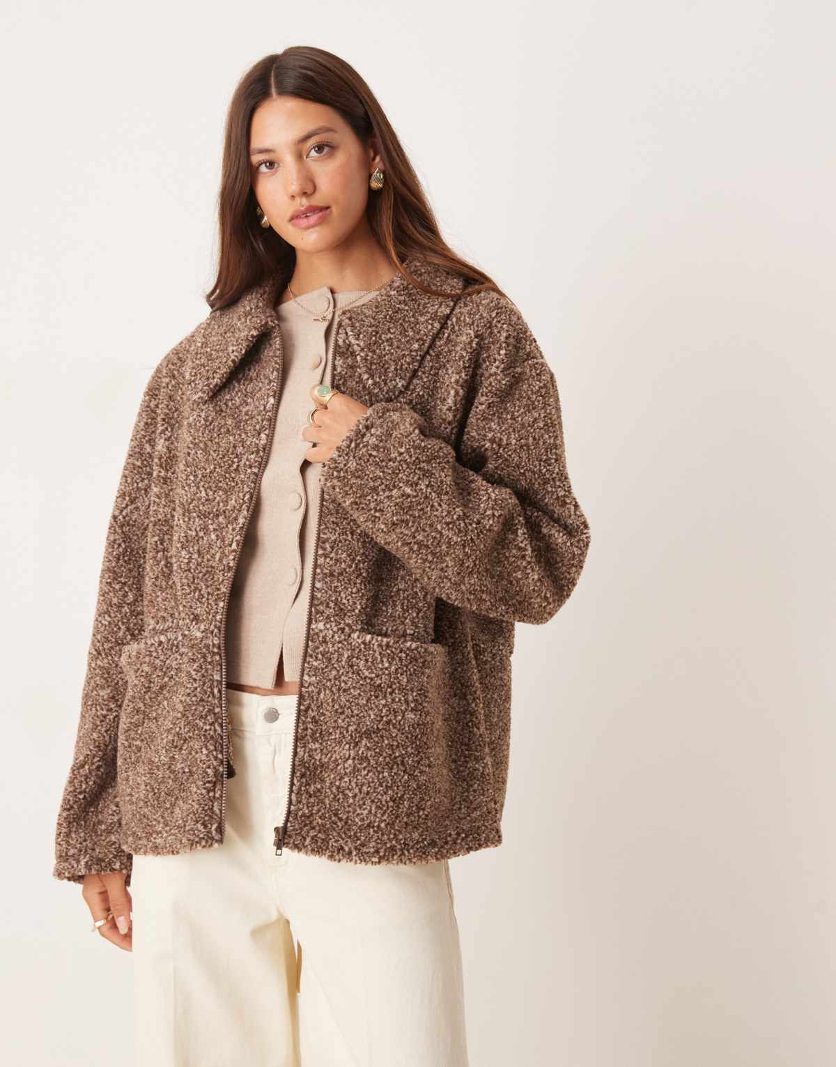 ASOS DESIGN collared borg fleece zip through in two tone neutral
