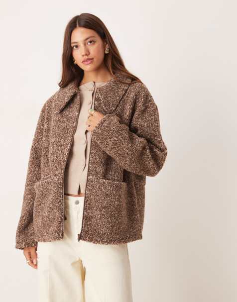 ASOS DESIGN collared borg fleece zip up in two tone neutral - view 1