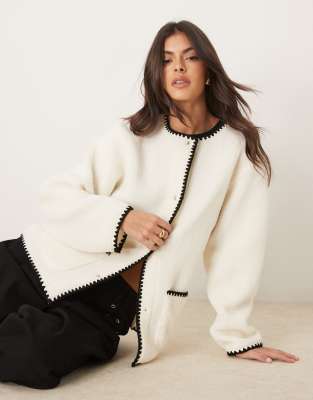 Asos Design Collared Borg Jacket With Blanket Stitch Detail In Cream-white