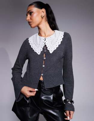Asos Design Collared Button Though Brushed Rib Cardigan In Charcoal-gray