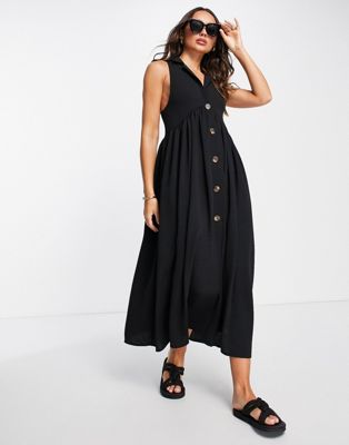 ASOS DESIGN collared button through midi smock dress in black | ASOS