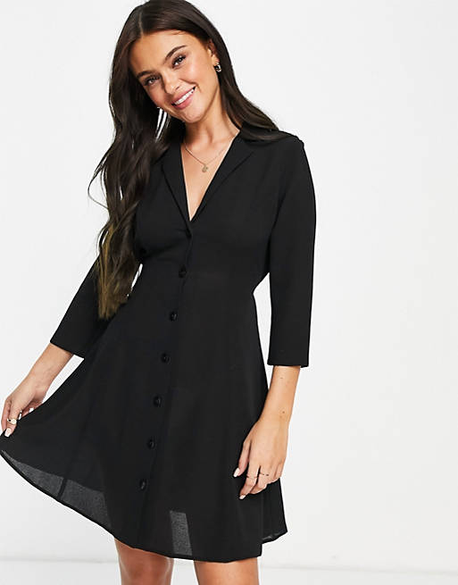 ASOS Collared Long Sleeve Button Through Mini Shirt Dress in Black Womens Clothing Suits 