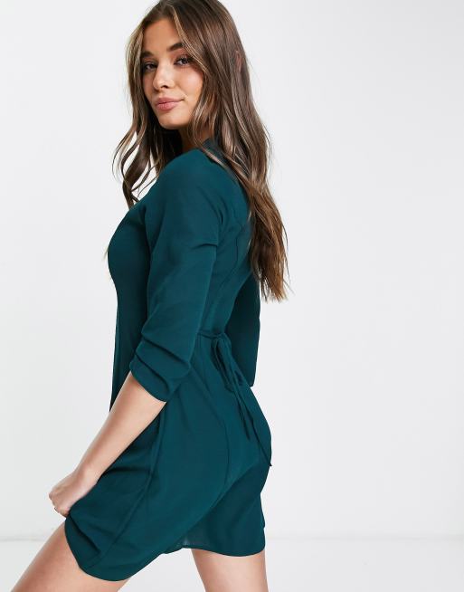 ASOS DESIGN collared button through mini shirt dress in bottle green, 4 of 4