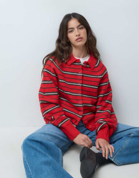 ASOS DESIGN collared button through stripe cardigan in red stripe - view 1