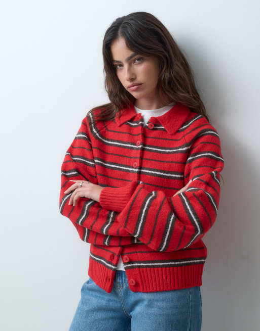 ASOS DESIGN collared button through stripe cardigan in red stripe, 2 of 5