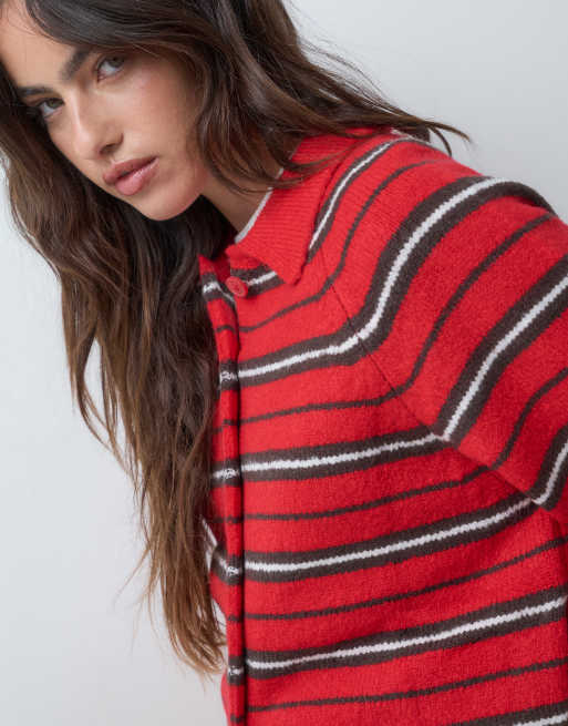 ASOS DESIGN collared button through stripe cardigan in red stripe, 3 of 5