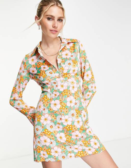 ASOS DESIGN collared button front mini shirt dress in 60's print