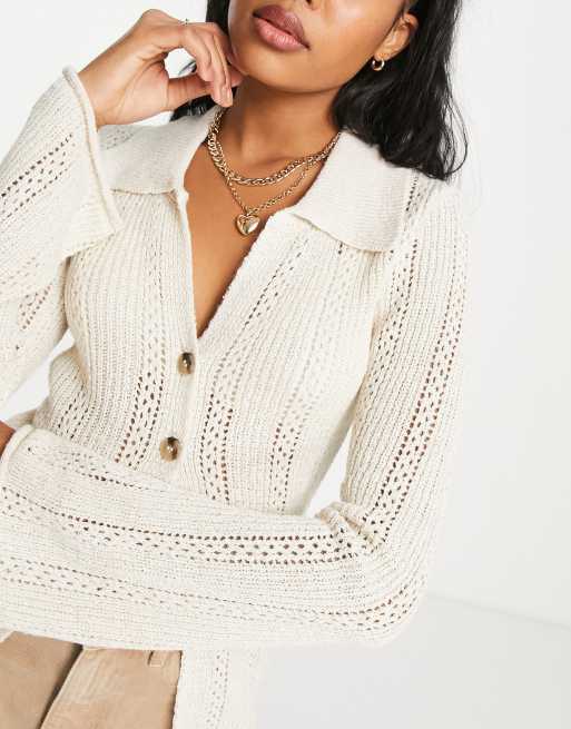 ASOS DESIGN zip through cardigan with collar in stone