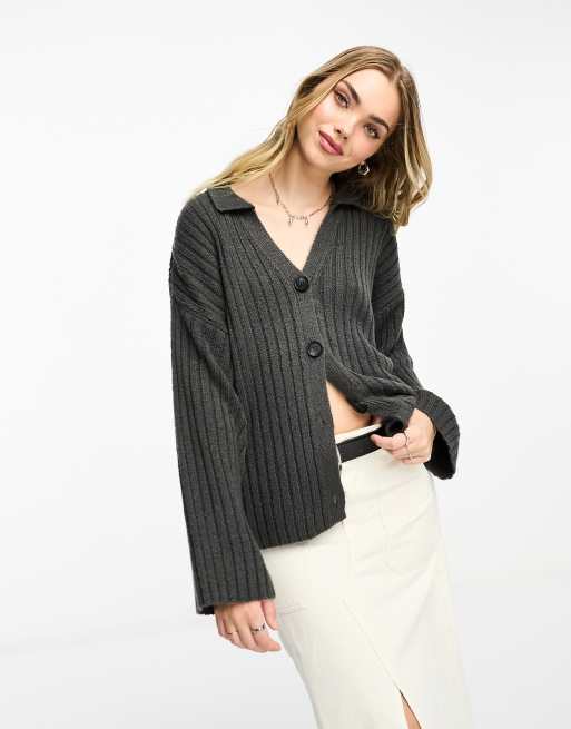 ASOS DESIGN collared chunky knitted shirt in gray