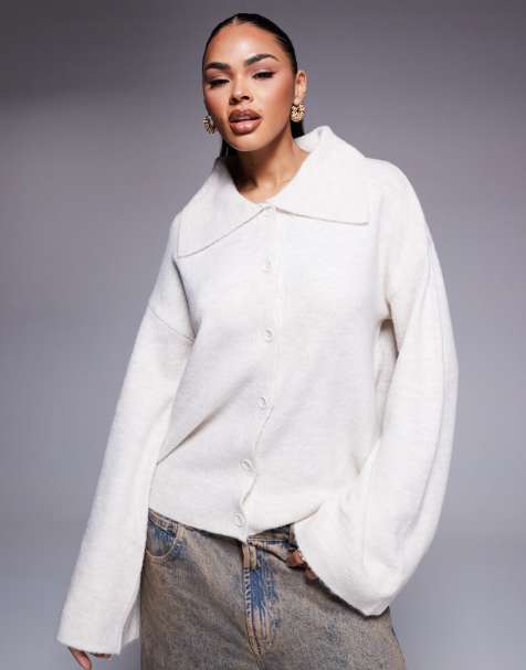 ASOS DESIGN collared compact knit shirt cardigan in ecru - view 1