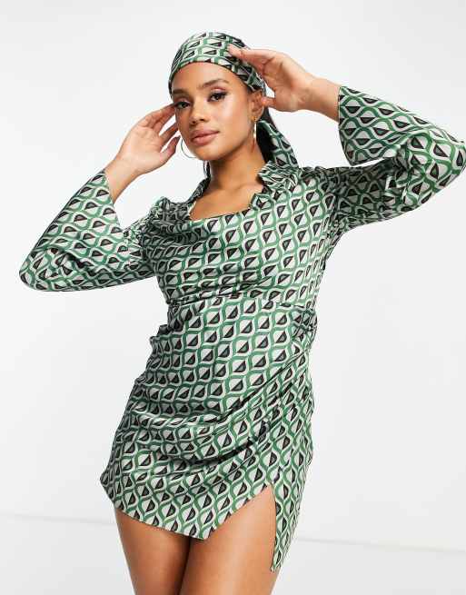 ASOS DESIGN collared cowl neck mini dress in geo print with matching headscarf