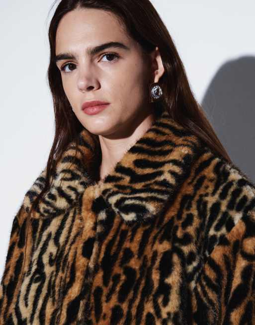 ASOS DESIGN collared faux fur midi car coat in animal, 2 of 4