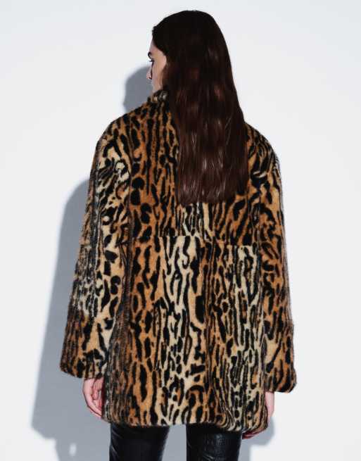 ASOS DESIGN collared faux fur midi car coat in animal, 3 of 4