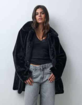 Asos Design Collared Faux Fur Midi Car Coat In Black