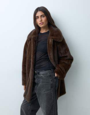 Asos Design Collared Faux Fur Midi Car Coat In Brown