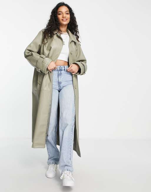 ASOS DESIGN collared faux leather trench coat in light sage