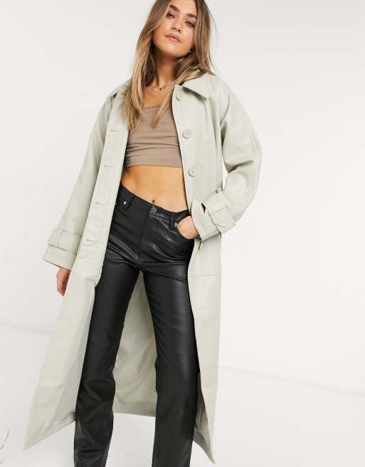 ASOS DESIGN collared faux leather trench coat in putty, 3 of 4
