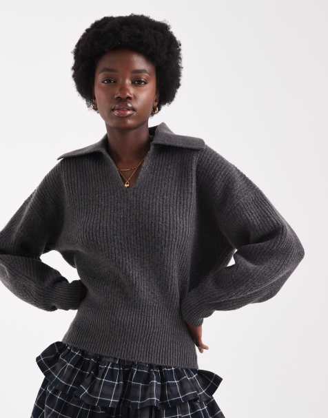 ASOS DESIGN collared jumper in fisherman rib with waisted detail in charcoal - view 1