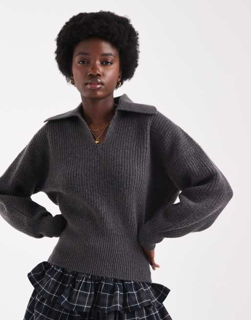 ASOS DESIGN collared jumper in fisherman rib with waisted detail in charcoal
