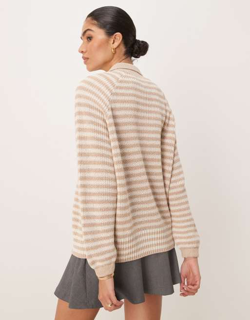 ASOS DESIGN collared knitted cardigan with raglan sleeve in warm stripe