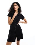 [ASOS DESIGN] ASOS DESIGN collared linen blend mini tea dress with button front in black 16 BLACK