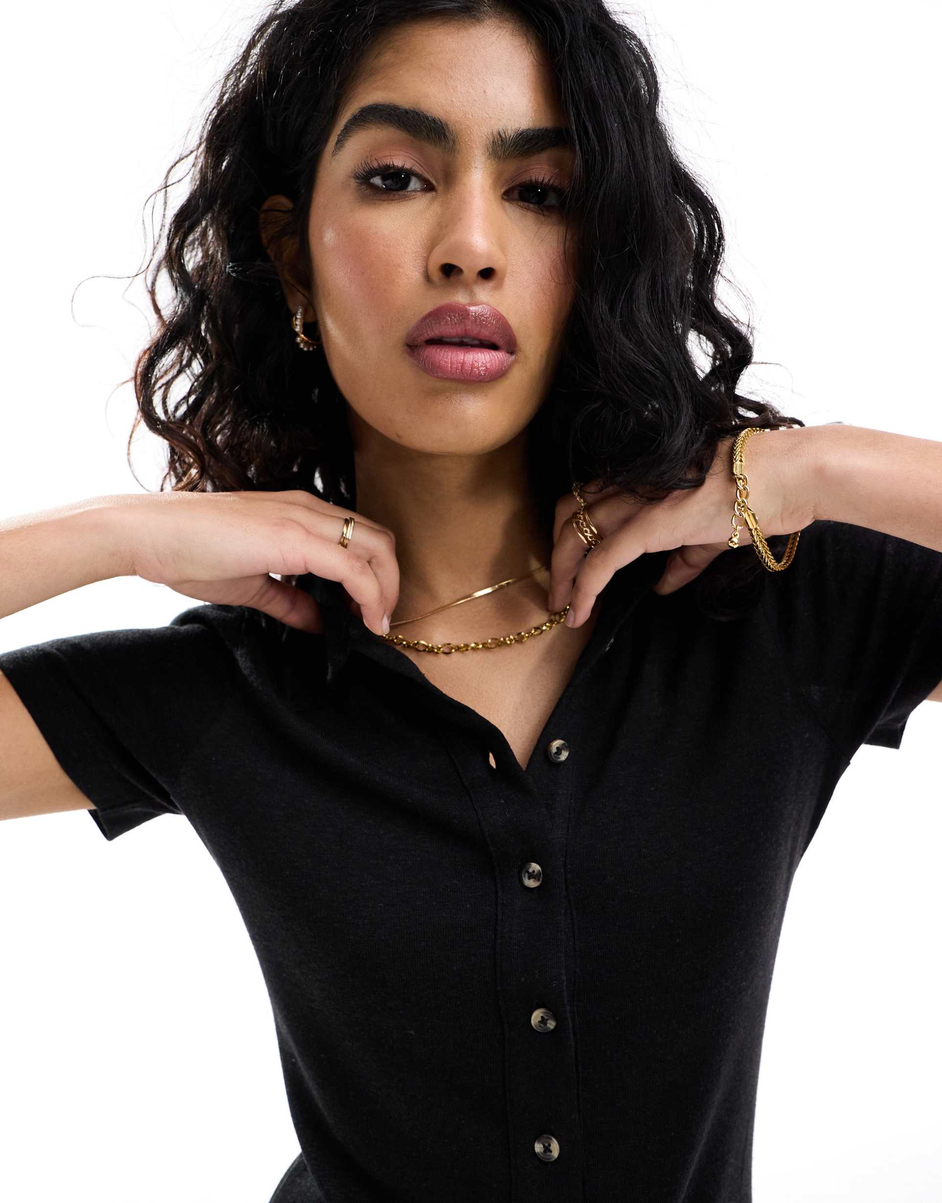 asos design collared linen blend mini tea dress with button front in black