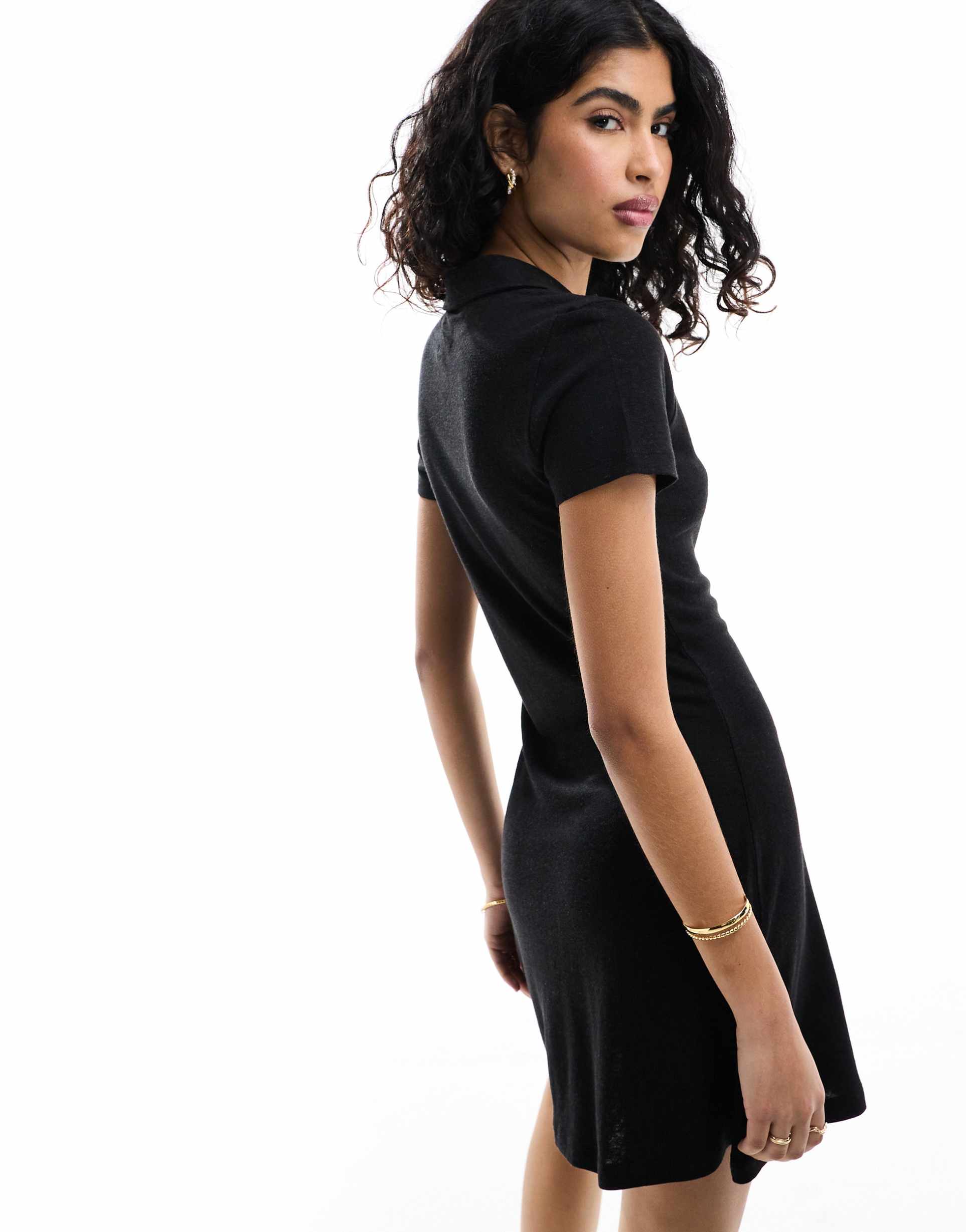 asos design collared linen blend mini tea dress with button front in black