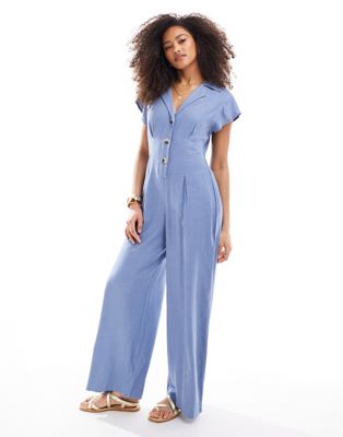 ASOS DESIGN collared linen button through jumpsuit in blue Sale