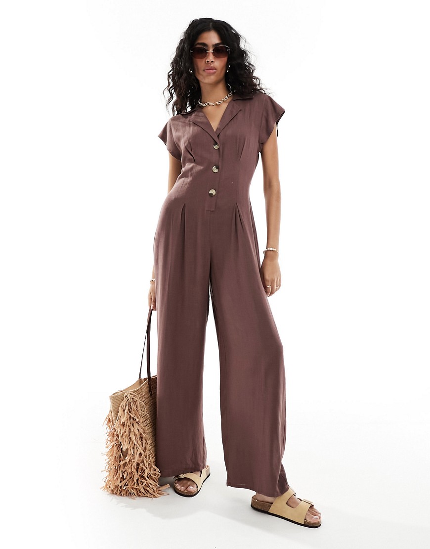 collared linen button up jumpsuit in chocolate-Brown