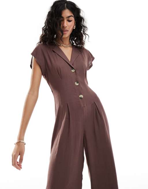 ASOS Design Collared Linen Button Up Jumpsuit in chocolate Brown