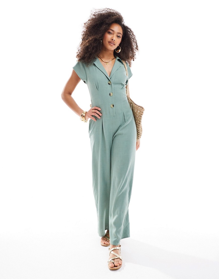 Asos Design Collared Linen Look Button Up Jumpsuit In Sage-green In Multi