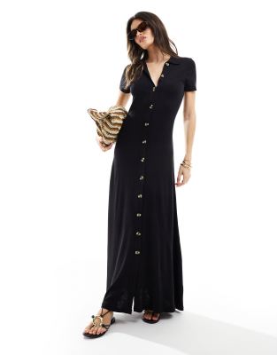 ASOS DESIGN collared linen look maxi tea dress with button front in black