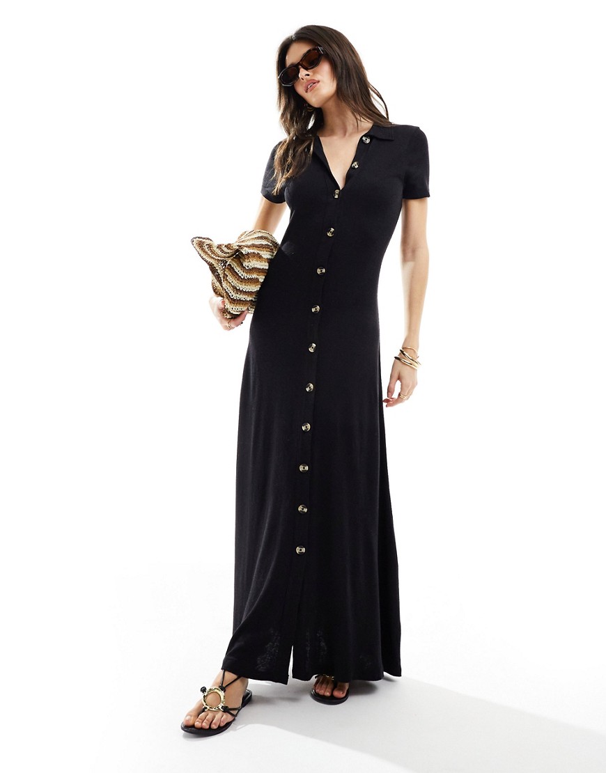 Asos Design Collared Linen Look Maxi Tea Dress With Button Front In Black