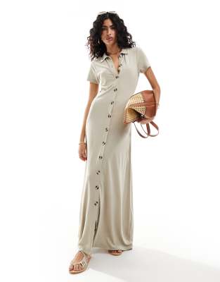 ASOS DESIGN collared linen look maxi tea dress with button front in stone-Neutral